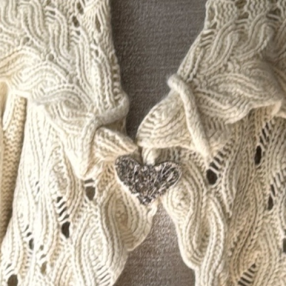 Anthropologie Sleeping On Snow Ivory Angora Knit Heart Pin Cardigan Size M - Picture 2 of 10